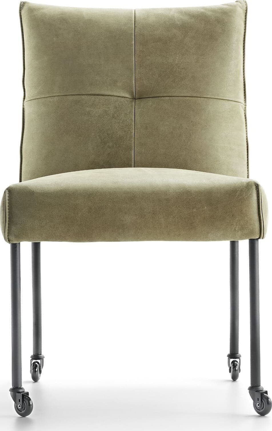 Eetstoel 1700 House of Dutchz in leder kenia olive met zwarte metalen poten met zwarte skatewielen.