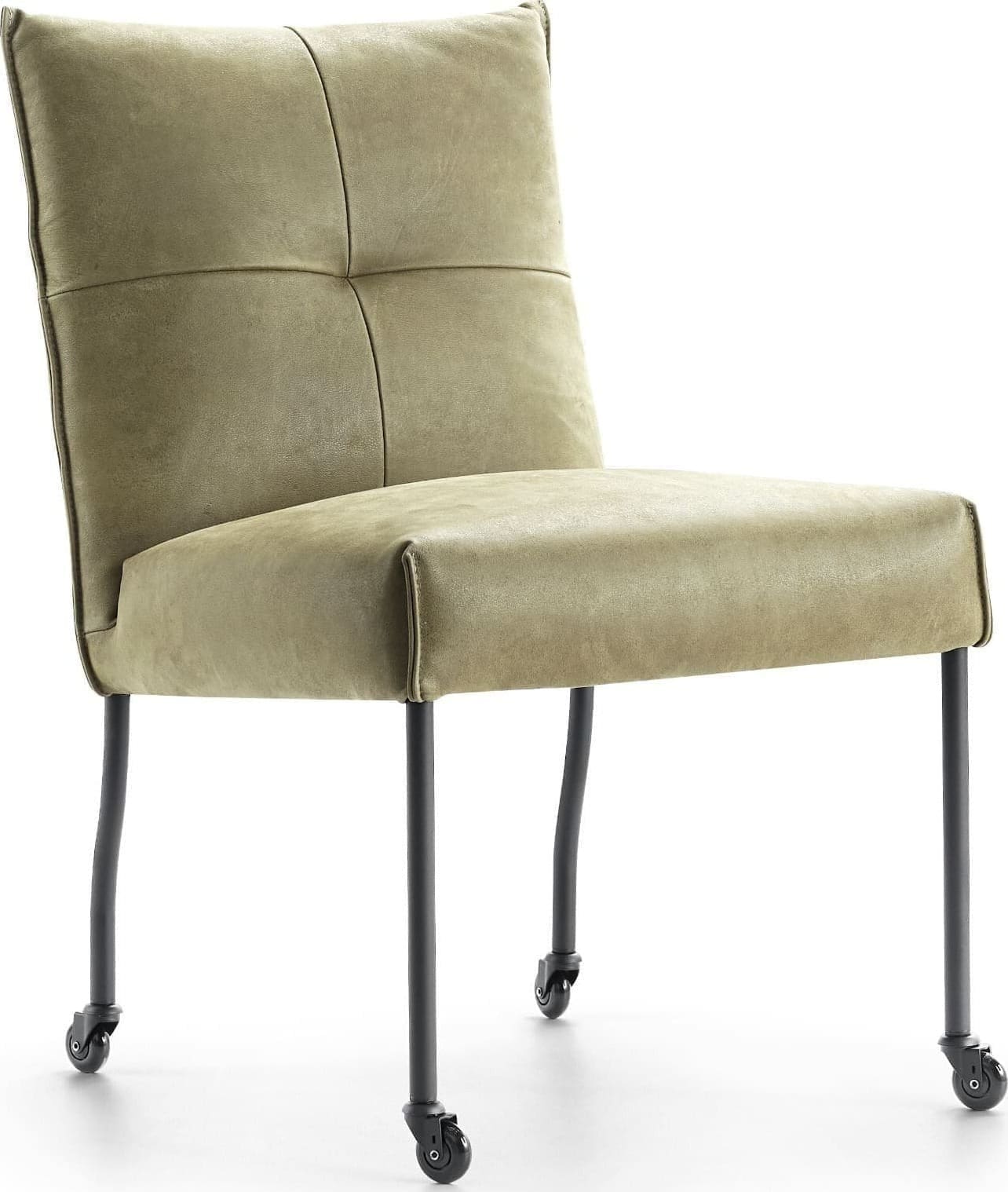 Eetstoel 1700 House of Dutchz in leder kenia olive met zwarte metalen poten met zwarte skatewielen.