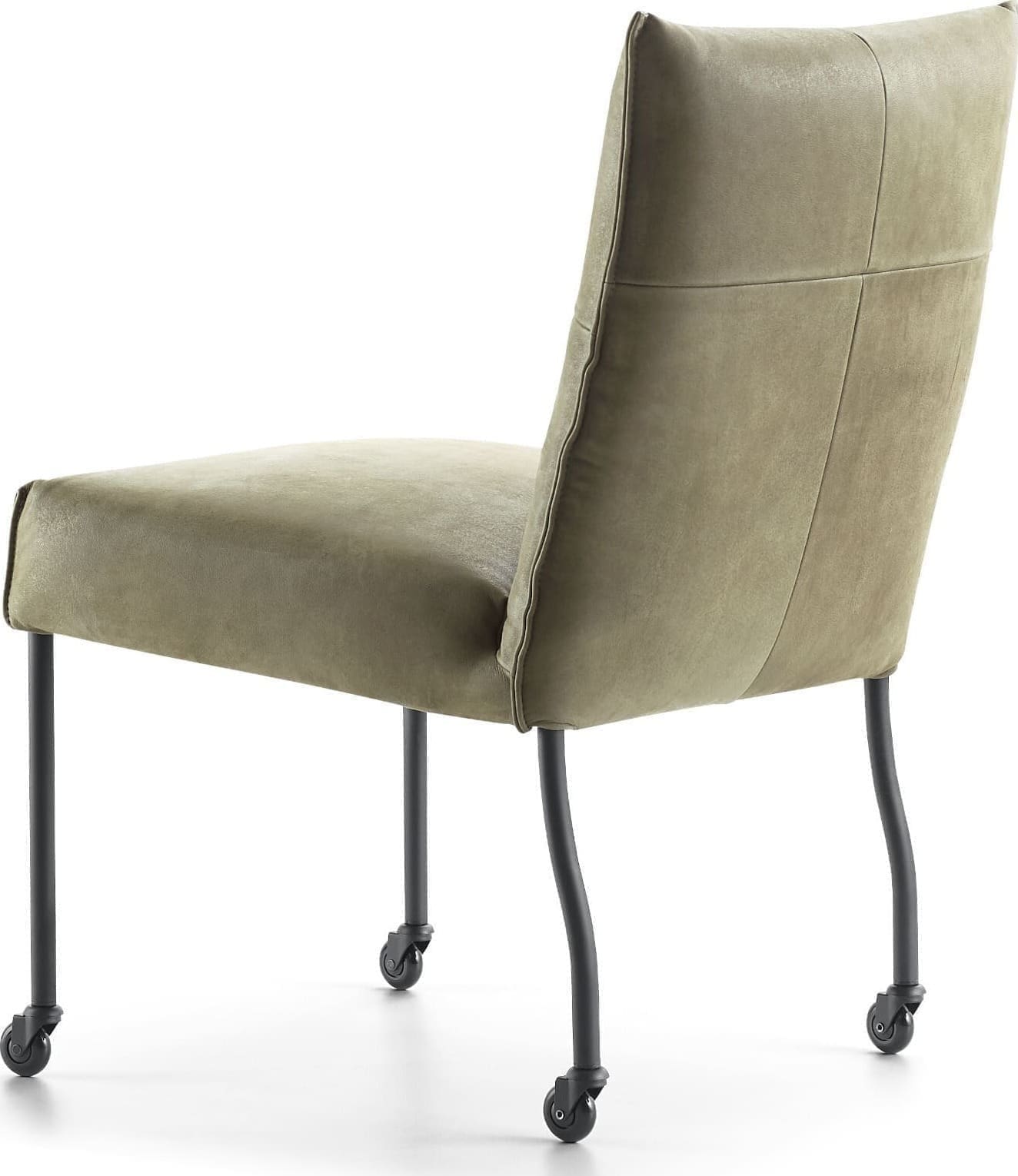 Eetstoel 1700 House of Dutchz in leder kenia olive met zwarte metalen poten met zwarte skatewielen.