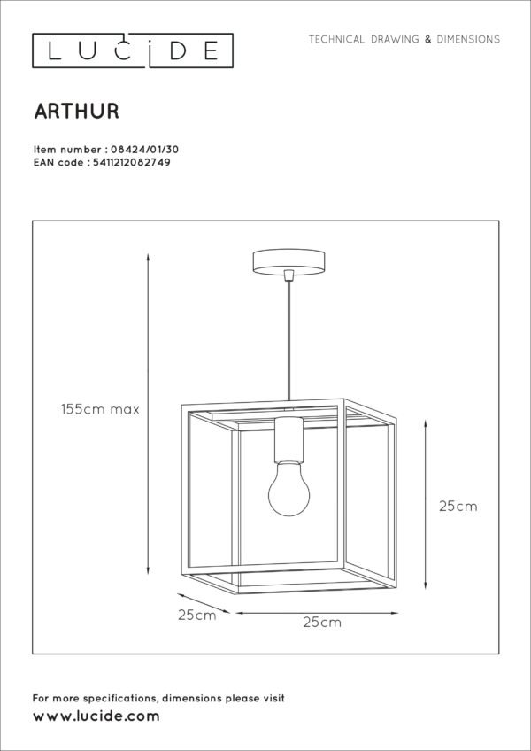 Arthur hanglamp 1xe27 - koper Lucide Hanglamp 08424/01/30