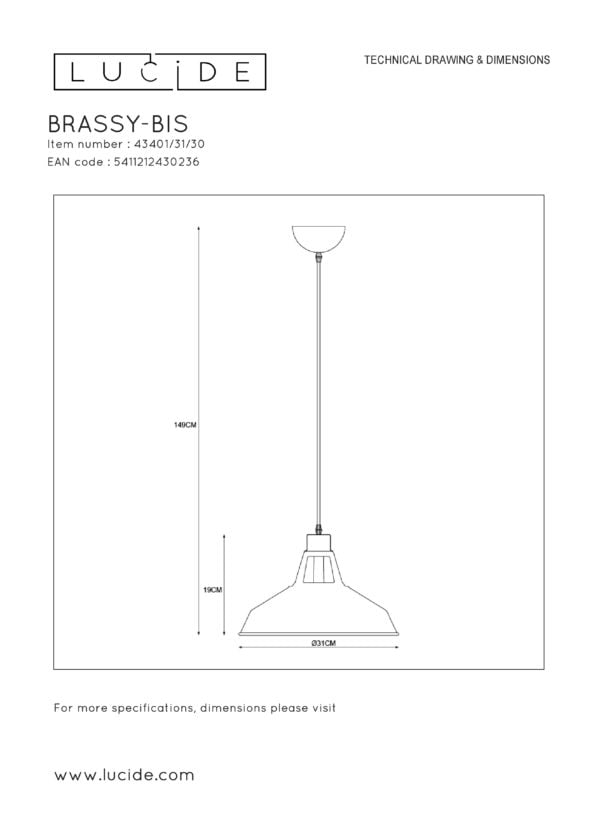 Brassy-bis hanglamp Ã¸ 31 cm 1xe27 - zwart Lucide Hanglamp 43401/31/30