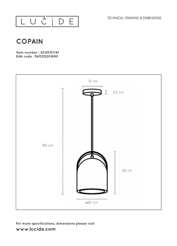Copain hanglamp Ã¸ 20 cm 1xe27 - zwart Lucide Hanglamp 20411/01/41