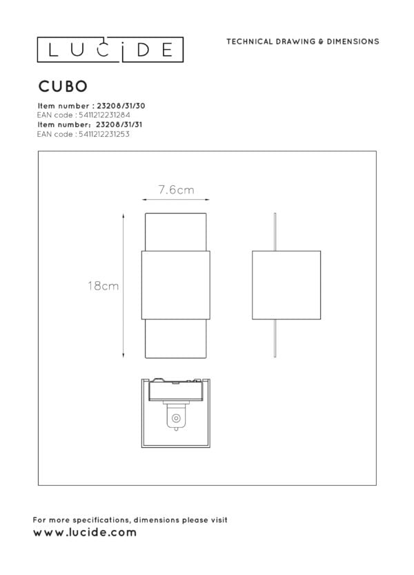 Cubo wandlamp 1xg9 - zwart Lucide Wandlamp 23208/31/30