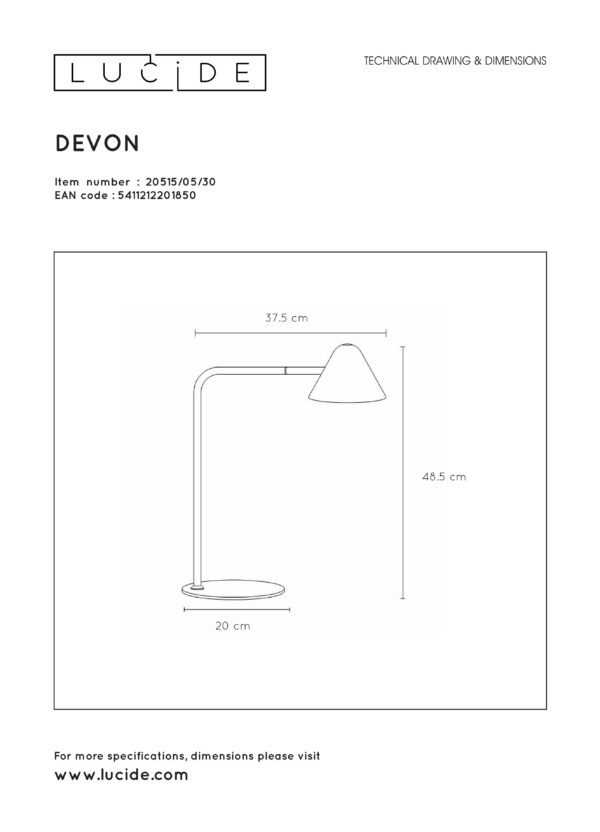 Devon bureaulamp led 1x5w 3000k - zwart Lucide Bureaulamp 20515/05/30