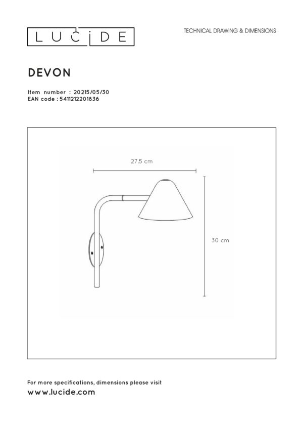 Devon wandlamp led 1x5w 3000k - zwart Lucide Wandlamp 20215/05/30