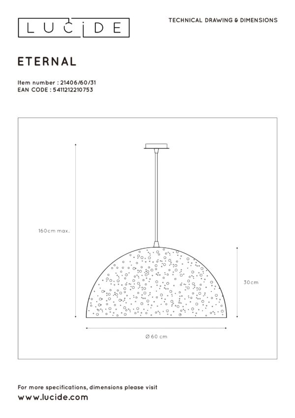 Eternal hanglamp Ã¸ 60 cm 1xe27 - wit Lucide Hanglamp 21406/60/31