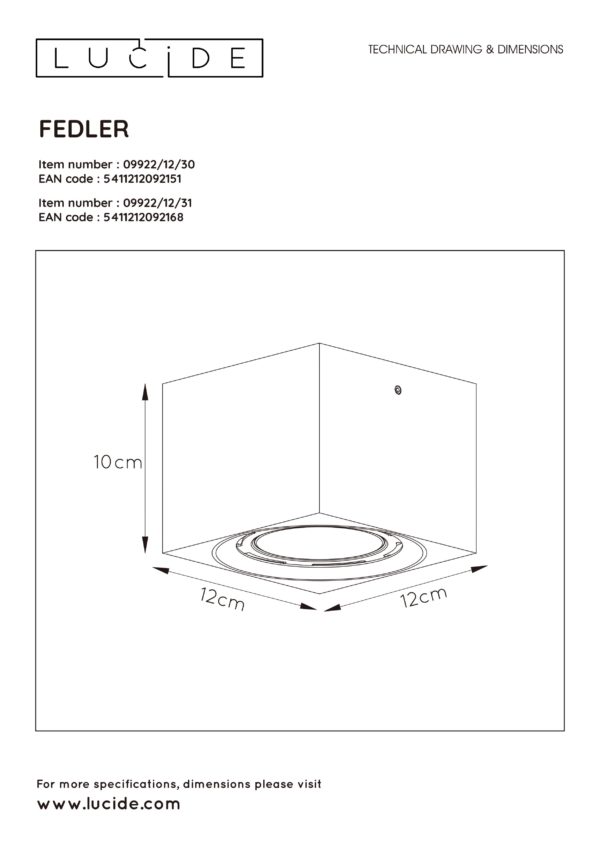 Fedler plafondspot led dim to warm gu10 1x12w 2200k/3000k - zwart Lucide Plafondspot 09922/12/30