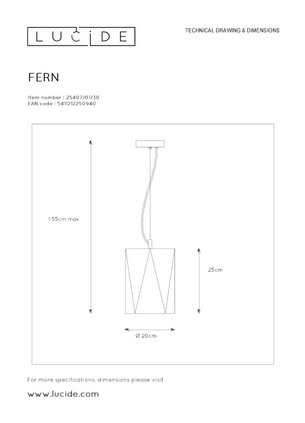 Fern hanglamp Ã¸ 20 cm 1xe27 - zwart Lucide Hanglamp 25407/01/30