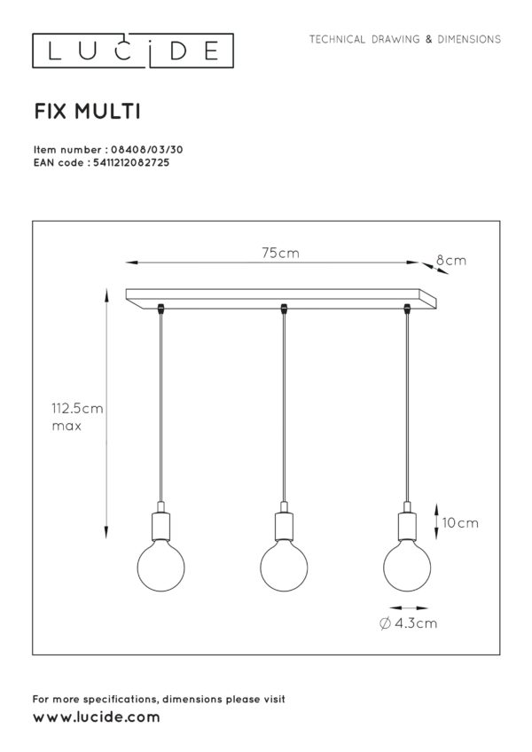 Fix multiple hanglamp 3xe27 - zwart Lucide Hanglamp 08408/03/30