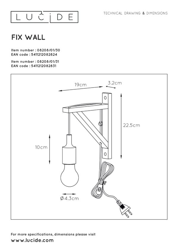 Fix wall wandlamp 1xe27 - licht hout Lucide Wandlamp 08208/01/30