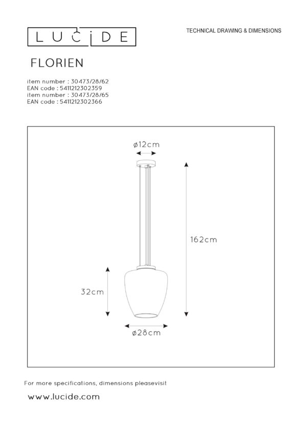 Florien hanglamp Ã¸ 28 cm 1xe27 - zwart Lucide Hanglamp 30473/28/65