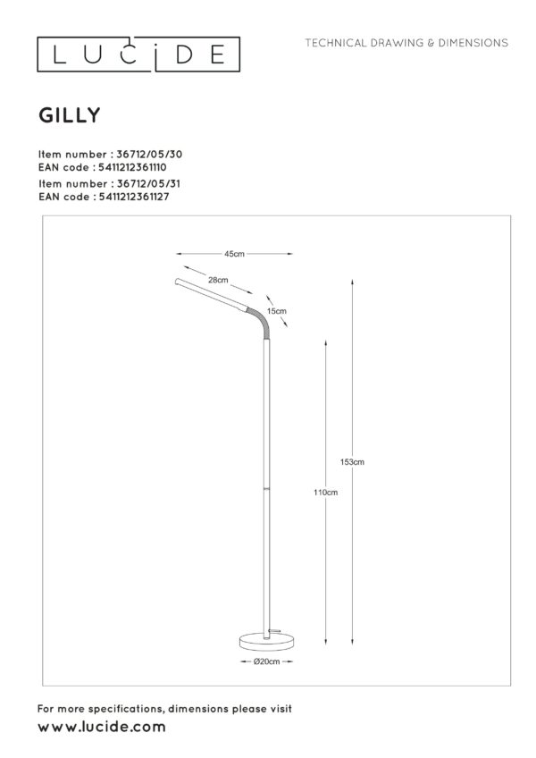 Gilly - Leeslamp - Led - 1x5W 2700K - Wit Lucide Vloerlamp 36712/05/31