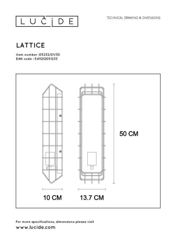 Lattice wandlamp 1xe27 - zwart Lucide Wandlamp 05232/01/30