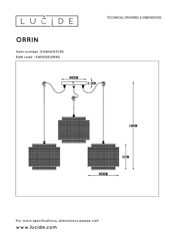 Orrin hanglamp Ã¸ 25 cm 3xe27 - zwart Lucide Hanglamp 02404/03/30