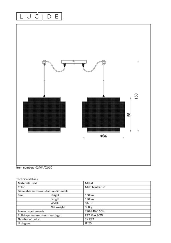 Orrin hanglamp Ã¸ 34 cm 2xe27 - zwart Lucide Hanglamp 02404/02/30