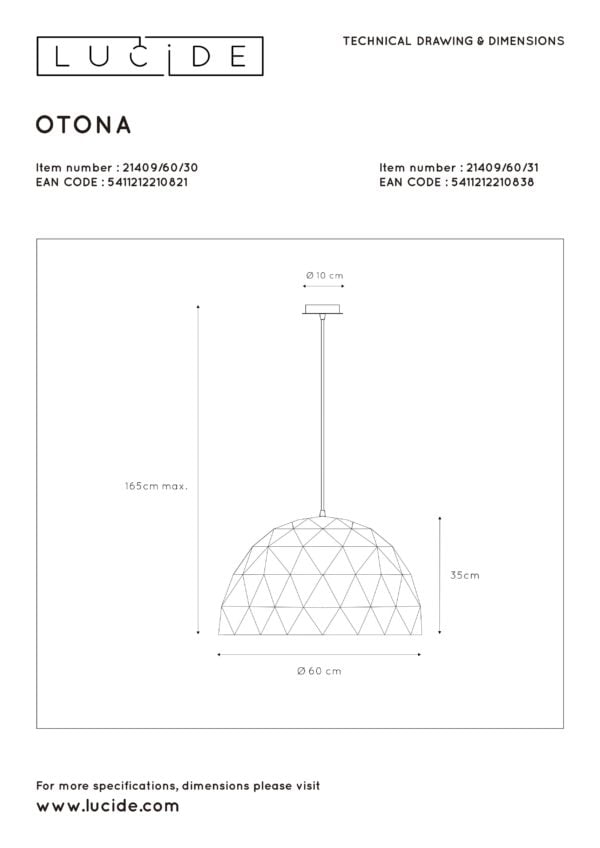 Otona hanglamp Ã¸ 60 cm 3xe27 - wit Lucide Hanglamp 21409/60/31