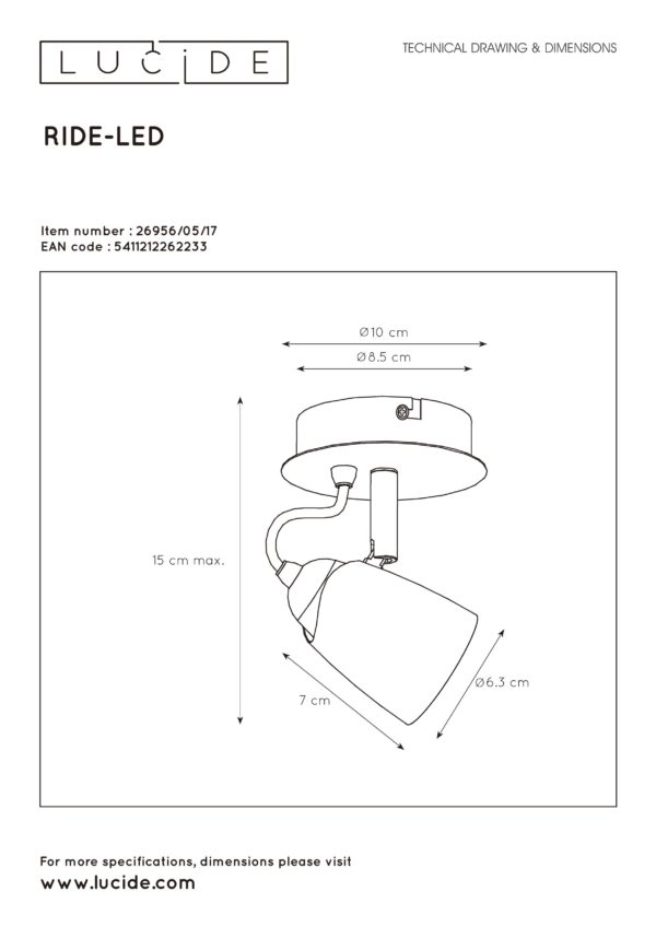 Ride-led plafondspot Ã¸ 10 cm led dimb. Gu10 1x5w 3000k - zwart Lucide Plafondspot 26956/05/17