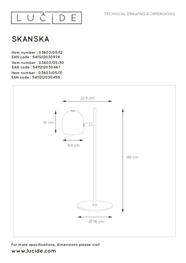 Skanska bureaulamp Ã¸ 16 cm led dimb. 1x7w 3000k - zwart Lucide Bureaulamp 03603/05/30