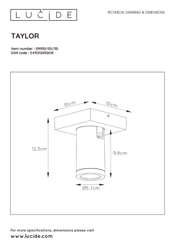 Taylor plafondspot badkamer led dim to warm gu10 1x5w 2200k/3000k ip44 - zwart Lucide Plafondspot 09930/05/30