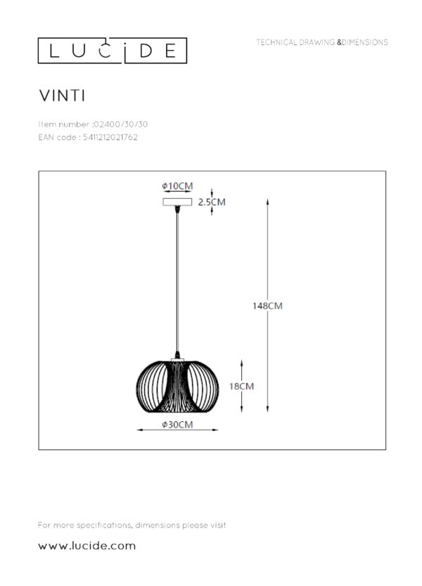 Vinti hanglamp Ã¸ 30 cm 1xe27 - zwart Lucide Hanglamp 02400/30/30