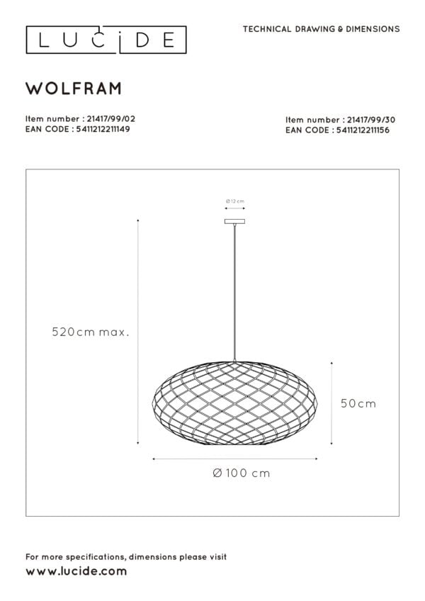 Wolfram hanglamp Ã¸ 100 cm 3xe27 - zwart Lucide Hanglamp 21417/99/30