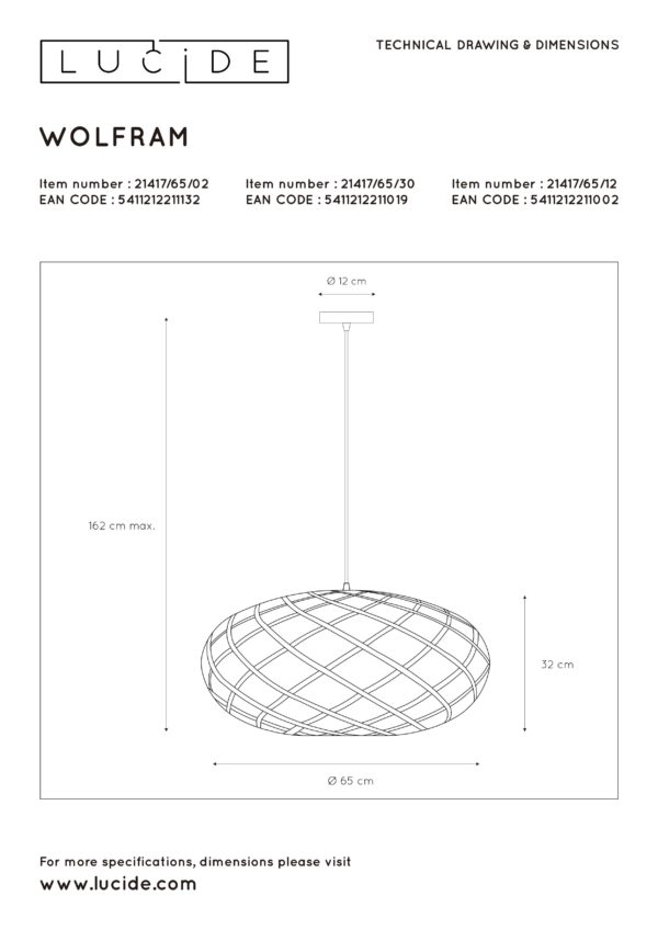 Wolfram hanglamp Ã¸ 65 cm 1xe27 mat goud / - zwart Lucide Hanglamp 21417/65/02
