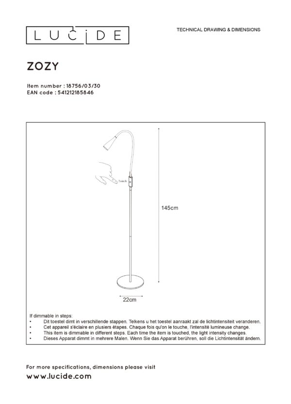 Zozy - Leeslamp - Led Dimb. - 1x4W 3000K - 3 Stepdim - Zwart Lucide Vloerlamp 18756/03/30
