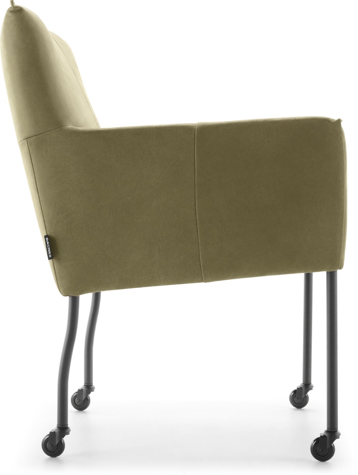 Armstoel Via Maggio van Baenks, afgebeeld in leder Kenia (cat, K) olive met zwarte metalen poten met zwarte skatewielen.