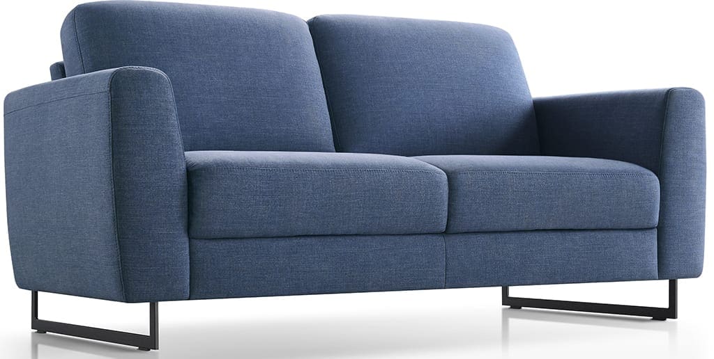 West End 2 zitsbank van Baenks met armtype A in stof stella 17-blue met sandwich in de zitting, verstelbare zitdiepte en zwart metalen sledevoet type MR2 (hoogte 12 cm).