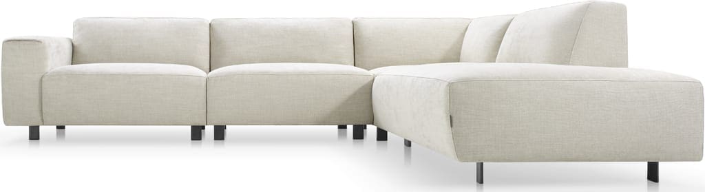Brentwood hoekbank Baenks - 1,5 zits arm links + 1,5 zits zonder armen + hoekelement + 1 zits met eiland rechts in stof leonardo (SG B) cream met diepe zit, memory foam (CM) in de zitting en zwarte metalen poten (10 cm).