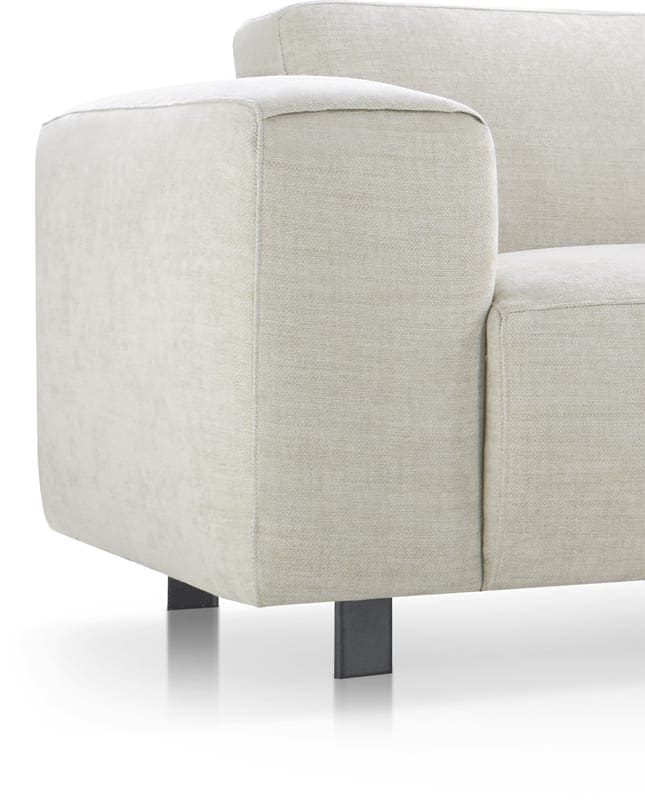 Brentwood hoekbank Baenks - 1,5 zits arm links + 1,5 zits zonder armen + hoekelement + 1 zits met eiland rechts in stof leonardo (SG B) cream met diepe zit, memory foam (CM) in de zitting en zwarte metalen poten (10 cm).