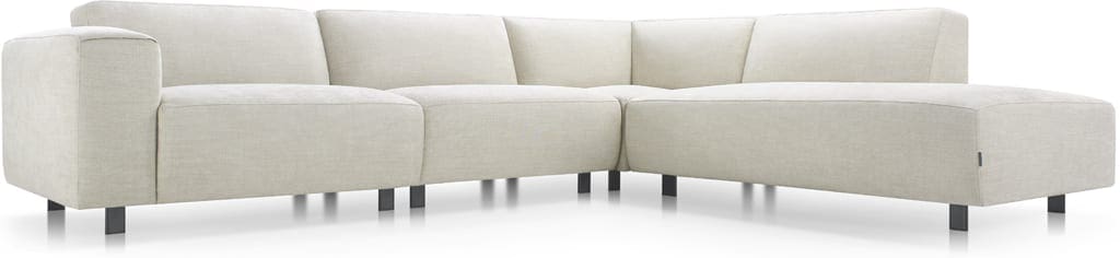 Brentwood hoekbank Baenks - 1,5 zits arm links + 1,5 zits zonder armen + hoekelement + 1 zits met eiland rechts in stof leonardo (SG B) cream met diepe zit, memory foam (CM) in de zitting en zwarte metalen poten (10 cm).