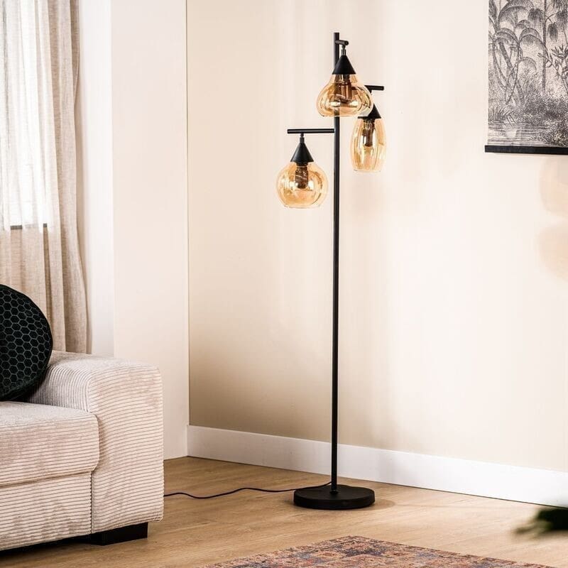 Pronto Wonen Vloerlamp Lungo glas amber zwart Zwart Lamp