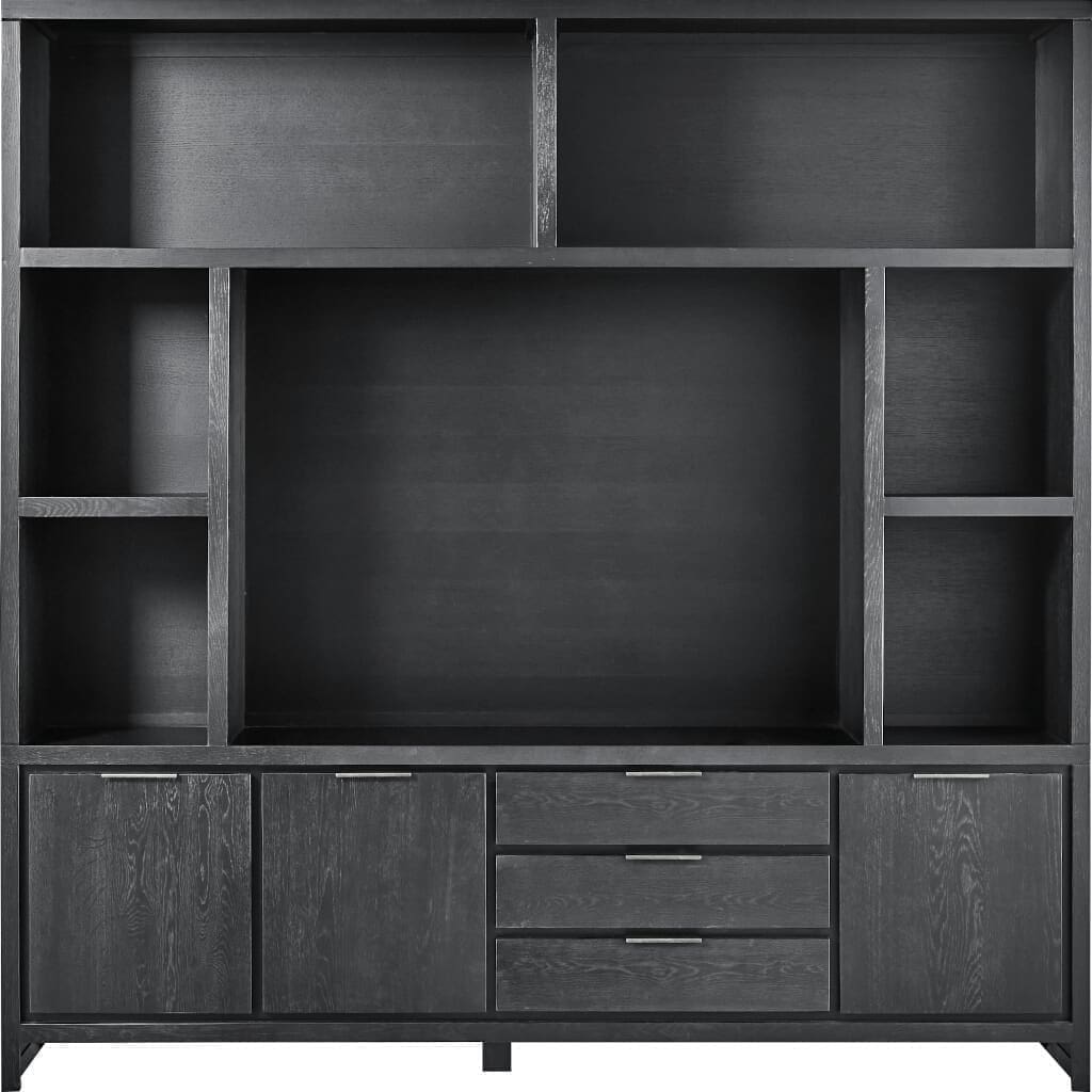 De schitterende tv- boekenkast Lentaro, uit de veelzijdige en eigentijdse INHOUSE collectie, is vervaardigd uit massief eikenhout, en is leverbaar in vele kleuren. Zoals afgebeeld: Uitgevoerd met 3 deuren en 3 laden in de kleur 61.5 mat zwart. Het tv-vak komt standaard met een extra legplank, in 3 hoogtes verstelbaar, indien deze niet wordt gebruikt voor een tv. Afmeting: (hxbxd) 220x220x040 cm.