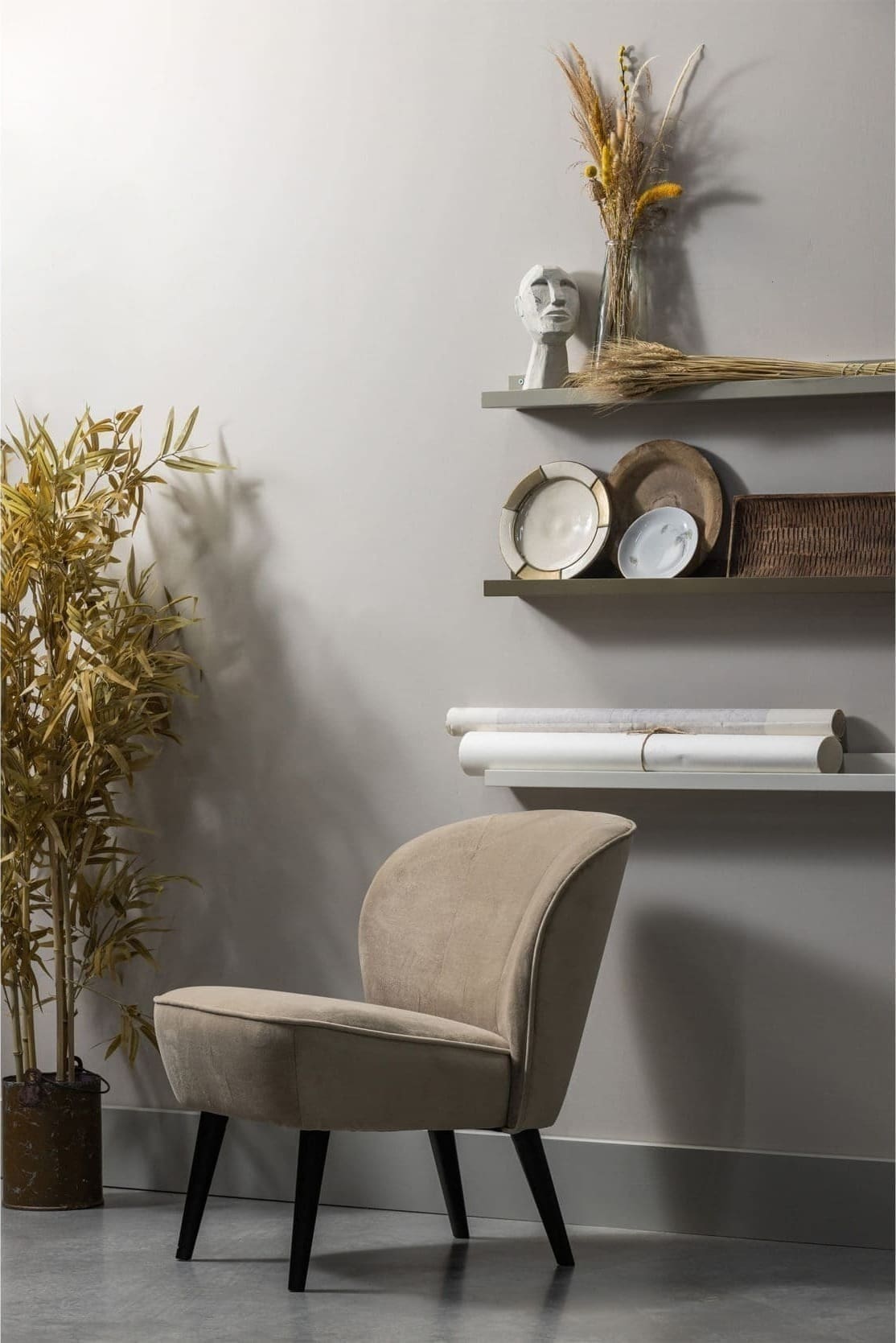 WOOOD Sara Fauteuil Fluweel Khaki Beige|Taupe Fauteuil