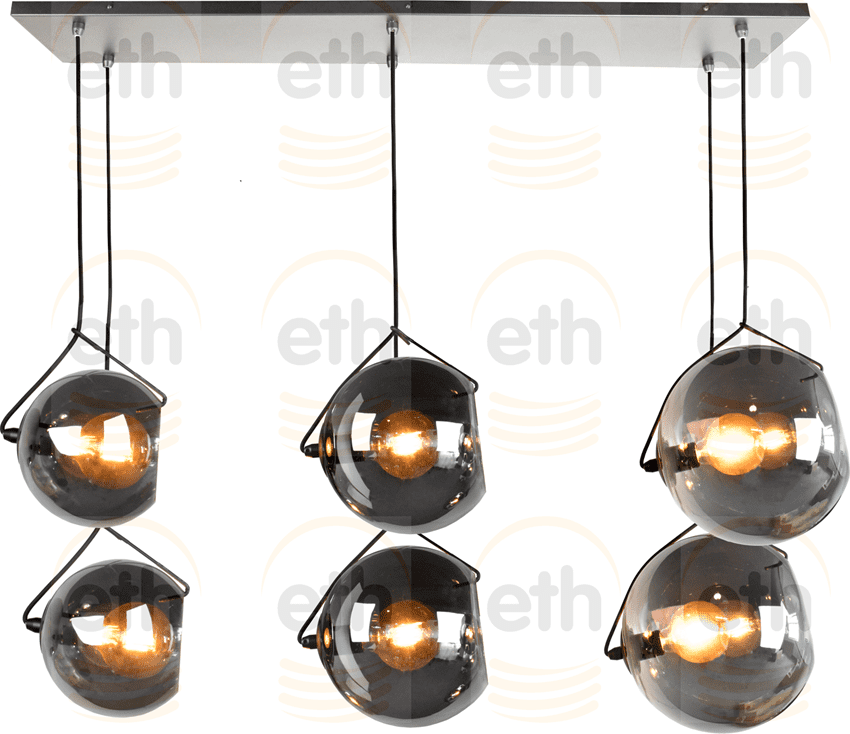 ETH Orb Balk Hanglamp 6x E27 Smoke Glas 2x20+25cm+30cm Glas / Zwart 130x30cm (BESTAAT UIT 2 DOZEN) ETH verlichting Hanglamp 05-HL4270-3036