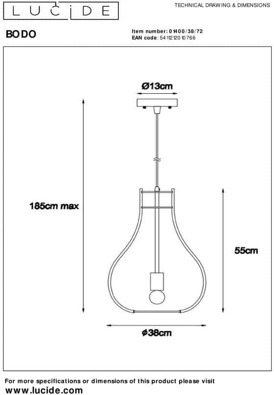 Bodo - Hanglamp - Ø38 cm - 1xe27 - Licht Hout Lucide Hanglamp 01400/38/72