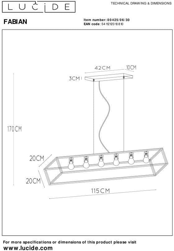 Fabian - Hanglamp - 6xe27 - Zwart Lucide Hanglamp 00425/06/30