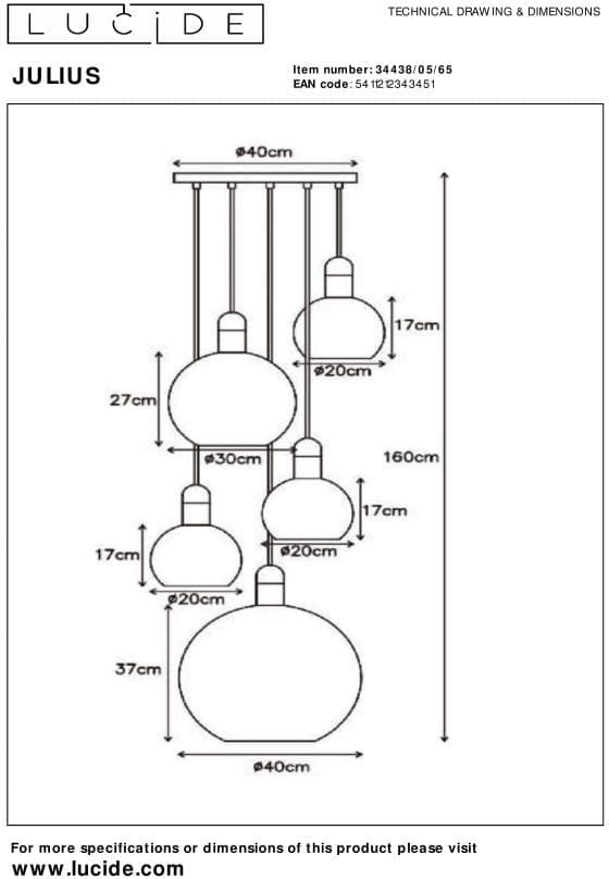 Julius - Hanglamp - 5xe27 - Fumé Lucide Hanglamp 34438/05/65