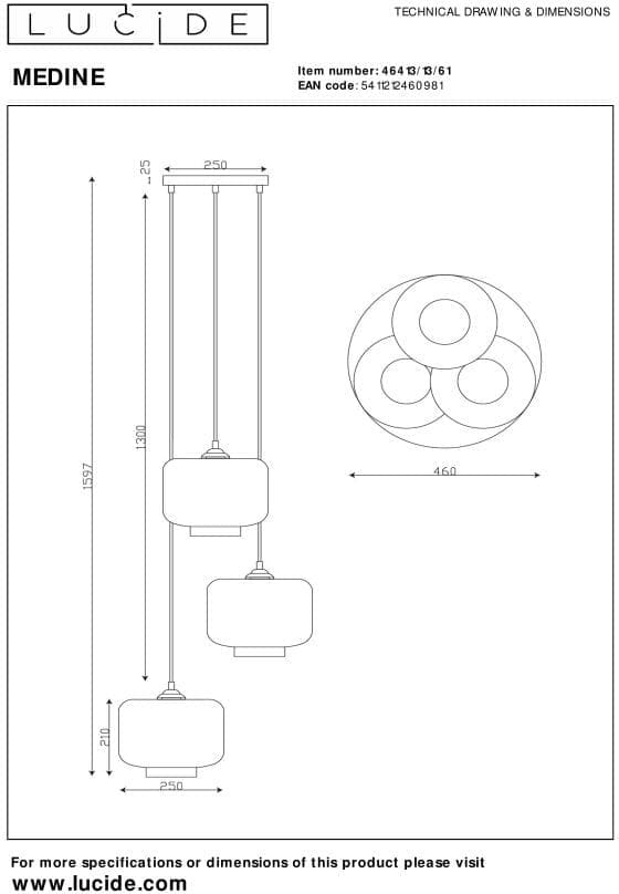 Medine - Hanglamp - Ø46 cm - 3xe27 - Opaal Lucide Hanglamp 46413/13/61