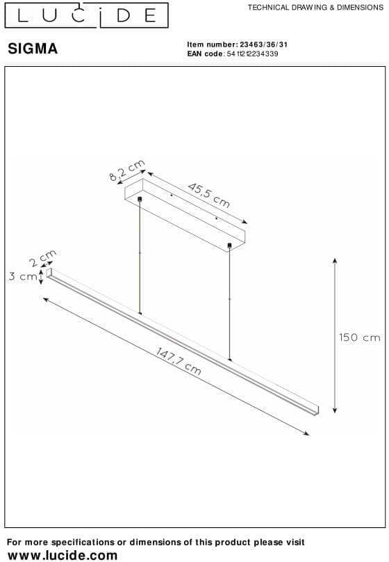 Sigma - Hanglamp - Led Dimb. - 1x38W 2700K - Wit Lucide Hanglamp 23463/36/31