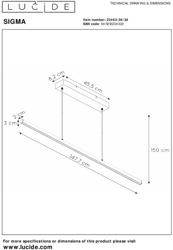 Sigma - Hanglamp - Led Dimb. - 1x38W 2700K - Zwart Lucide Hanglamp 23463/36/30
