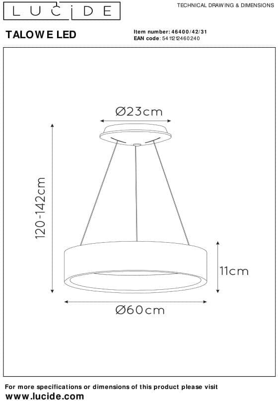 Talowe Led - Hanglamp - Ø60 cm - Led Dimb. - 1x39W 3000K - Wit Lucide Hanglamp 46400/42/31