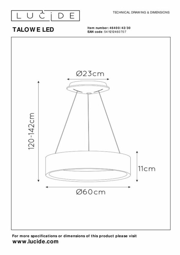 Talowe Led - Hanglamp - Ø60 cm - Led Dimb. - 1x39W 3000K - Zwart Lucide Hanglamp 46400/42/30