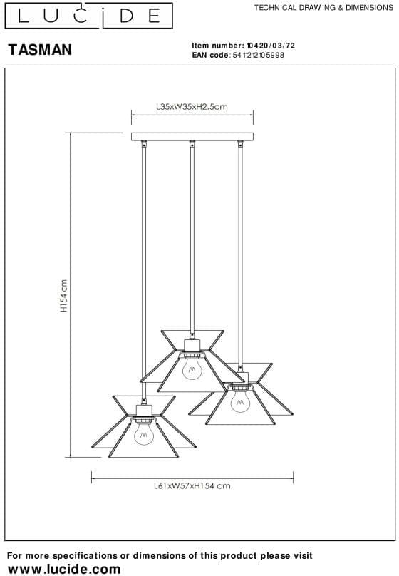 Tasman - Hanglamp - 3xe27 - Licht Hout Lucide Hanglamp 10420/03/72