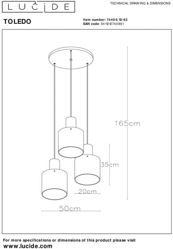 Toledo - Hanglamp - 3xe27 - Amber Lucide Hanglamp 74405/13/62