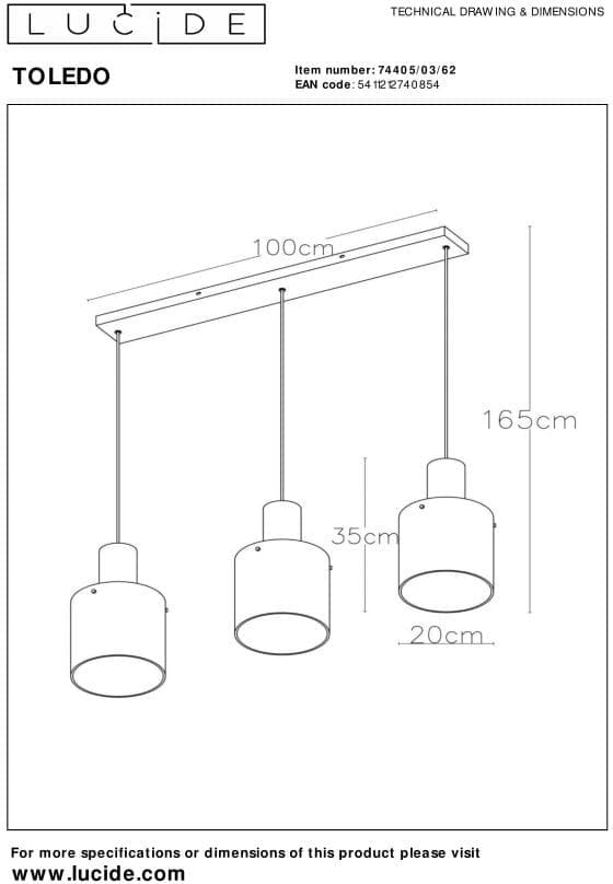 Toledo - Hanglamp - Ø20 cm - 3xe27 - Amber Lucide Hanglamp 74405/03/62