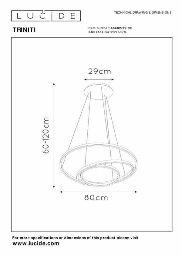 Triniti - Hanglamp - Ø80 cm - Led Dimb. - 3000K - Zwart Lucide Hanglamp 46402/99/30