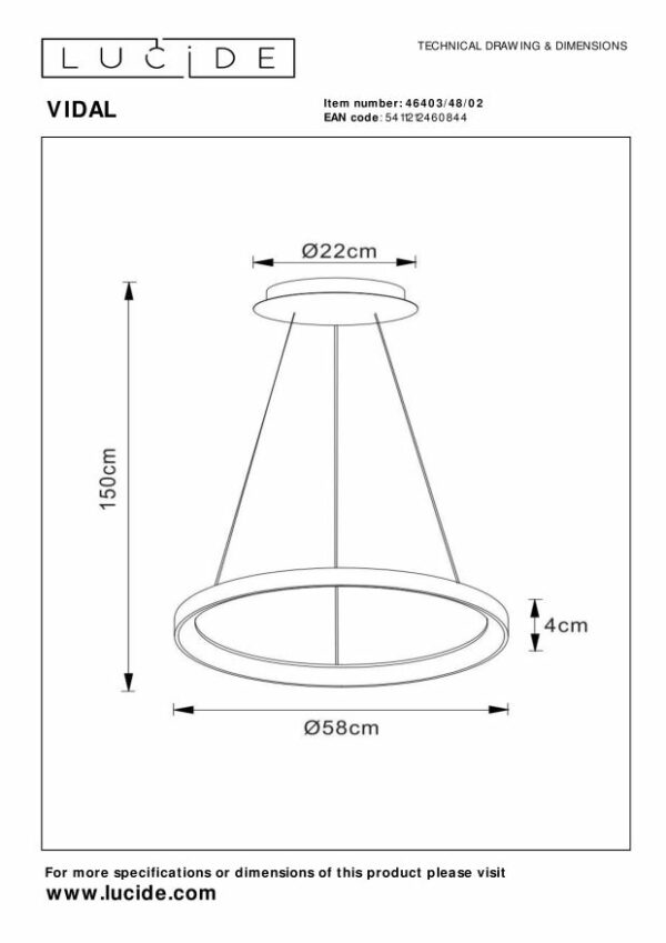 Vidal - Hanglamp - Ø58 cm - Led Dimb. - 1x48W 2700K - Mat Goud / Messing Lucide Hanglamp 46403/48/02