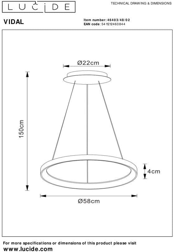 Vidal - Hanglamp - Ø58 cm - Led Dimb. - 1x48W 2700K - Mat Goud / Messing Lucide Hanglamp 46403/48/02